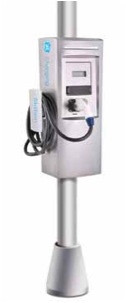 This is a photo of a GE Durastation EVPN3 30 amp Pole Mount Car Charging Station
