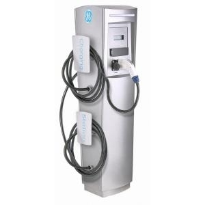 This is a photo of a 30 amp GE Durastation EVDDR3GWXXGB Dual Networked Car Charging Station