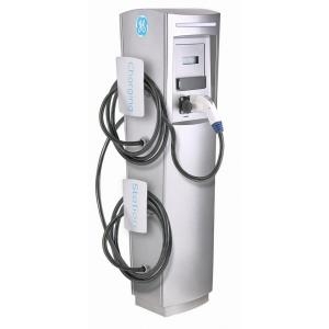 This is a photo of a 30 amp GE Durastation EVDDR3GZXXGB Dual Networked Car Charging Station