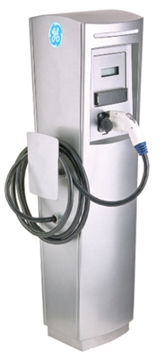 This is a photo of a 30 amp GE Durastation EVDPR3GZXXGB Single Networked Car Charging Station