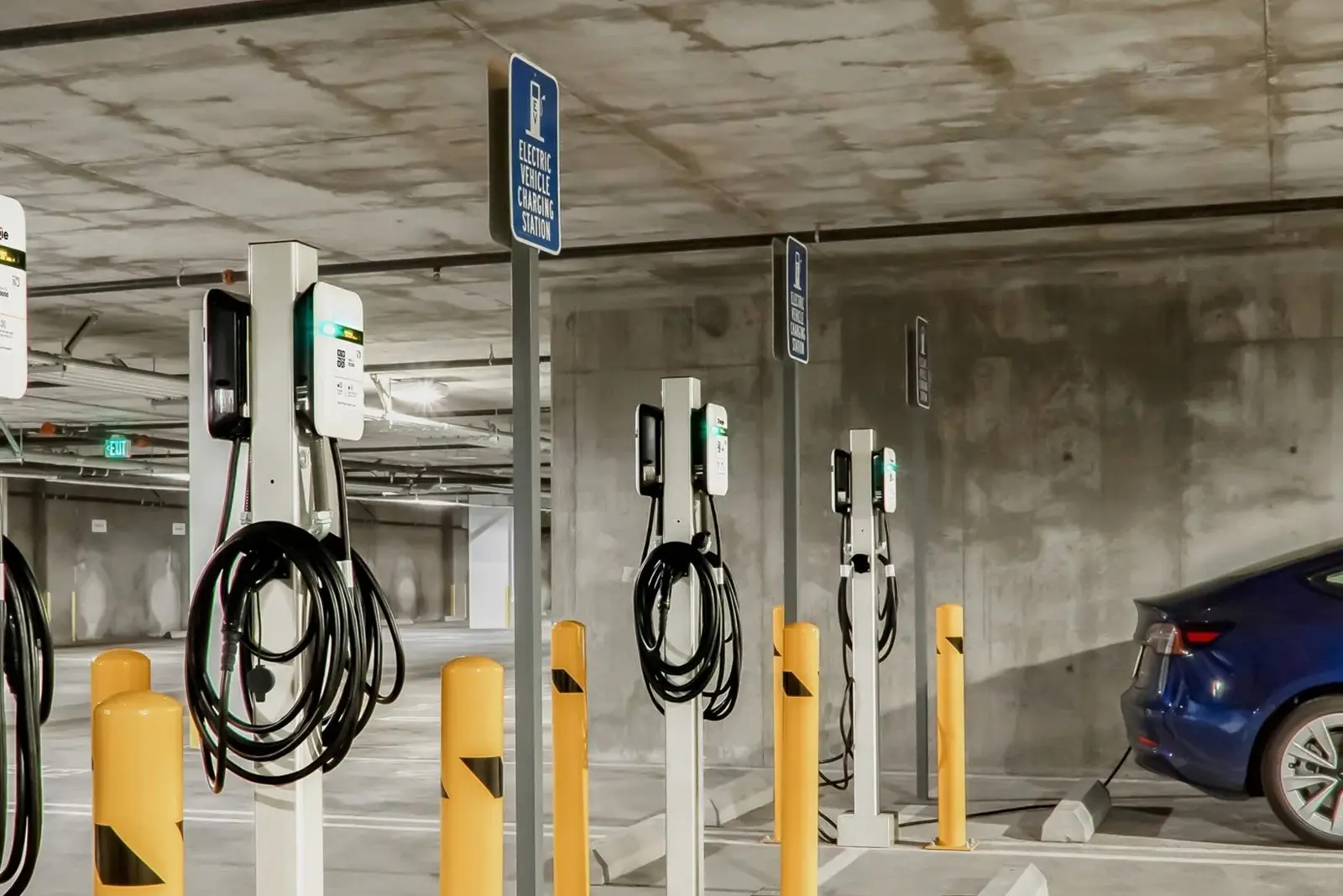 commercial EV chargers installed at parking garage
