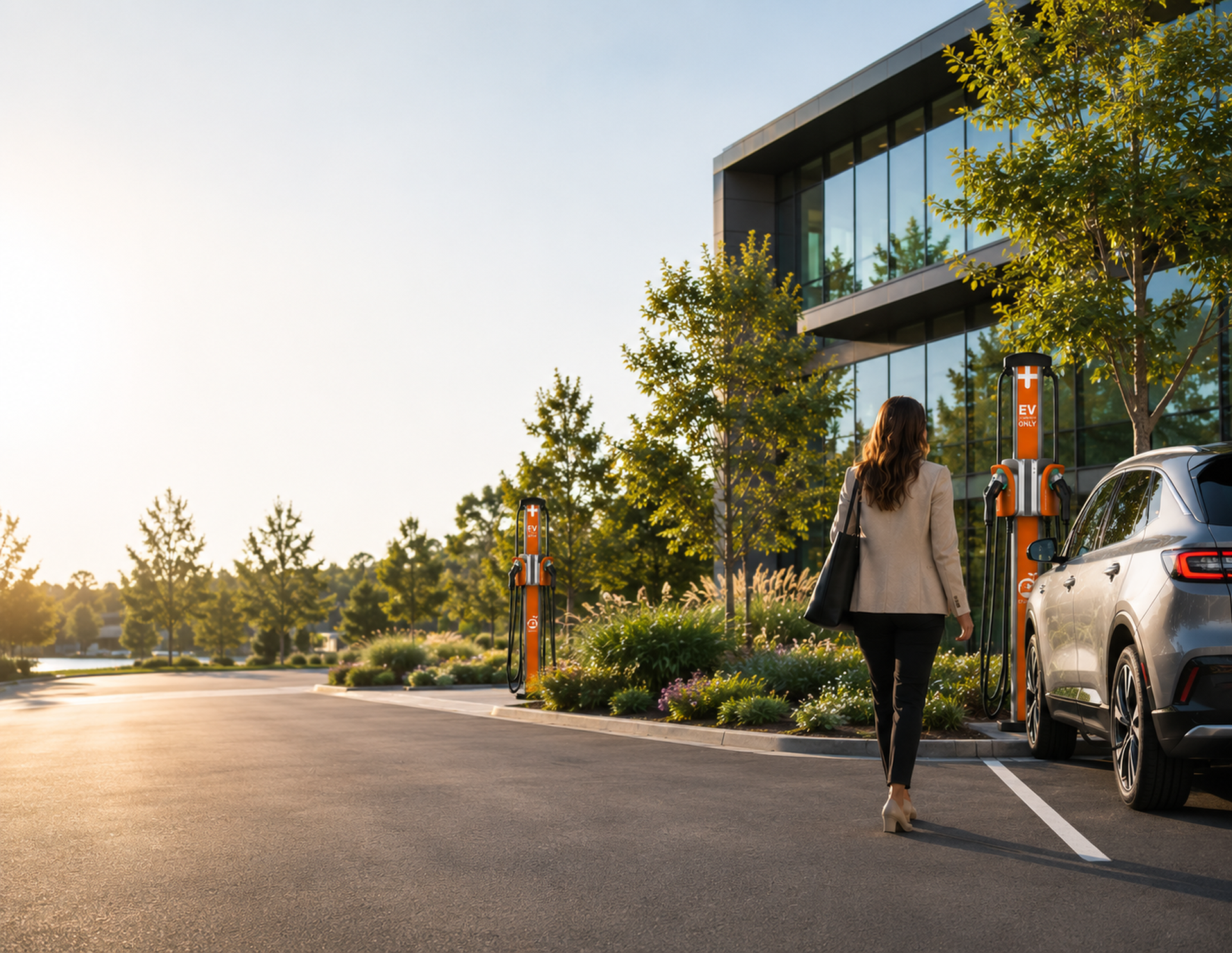 woman at workplace EV charging