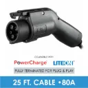 Replacement EV 80A Charging Cable with J1772 Connector (for PowerCharge & LiteOn Level 2 Chargers) — 25 feet  — fully terminated for plug & play